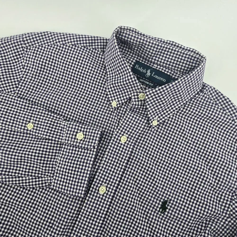 Polo Ralph Lauren Men Blue Gingham Button Down Shirt Size Medium custom fit Pony